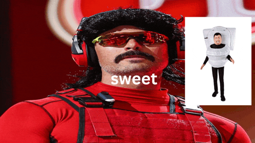 a man with a mustache wearing headphones and a red shirt with the word sweet on it
