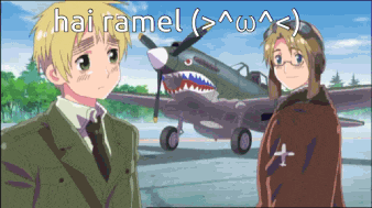 two anime characters standing in front of a plane that says hai ramil on it