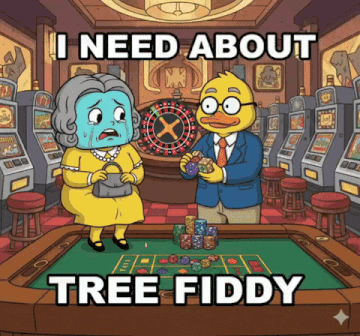 a cartoon of a man and woman in a casino with the words " i need about tree fiddy " at the bottom