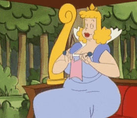 a cartoon of a woman in a blue dress knitting in the woods