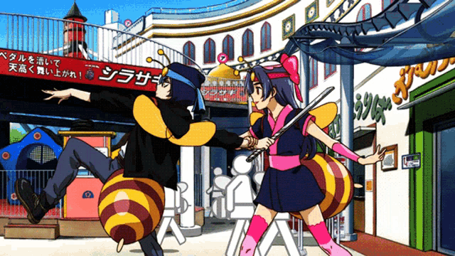 a man and a woman are standing in front of a roller coaster with a sign that says ' samurai '