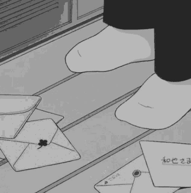 a black and white drawing of a person 's feet standing next to a pile of letters .