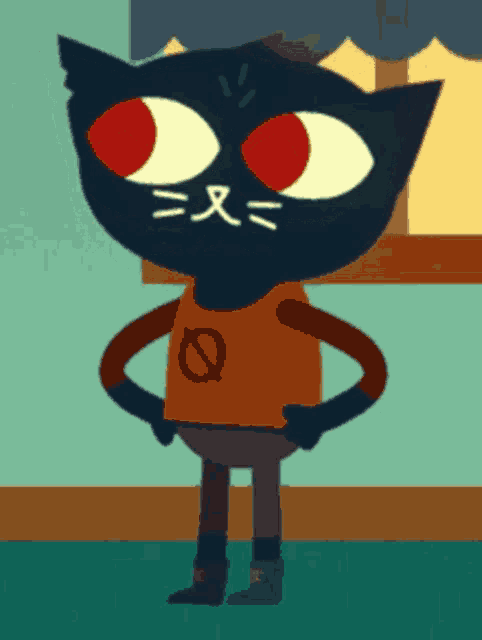 a cartoon cat with red eyes is wearing a shirt with a circle on it