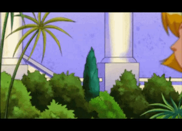 a cartoon of a woman standing in a garden with a palm tree in the foreground