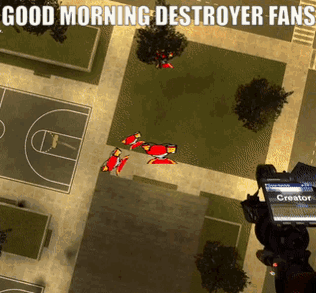 an aerial view of a basketball court with the words " good morning destroyer fans " above it
