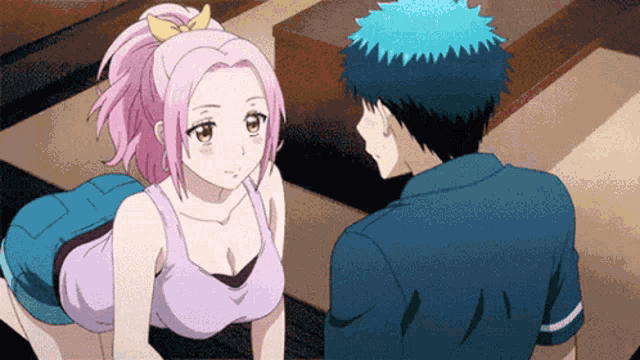 a man and a woman are looking at each other in an anime