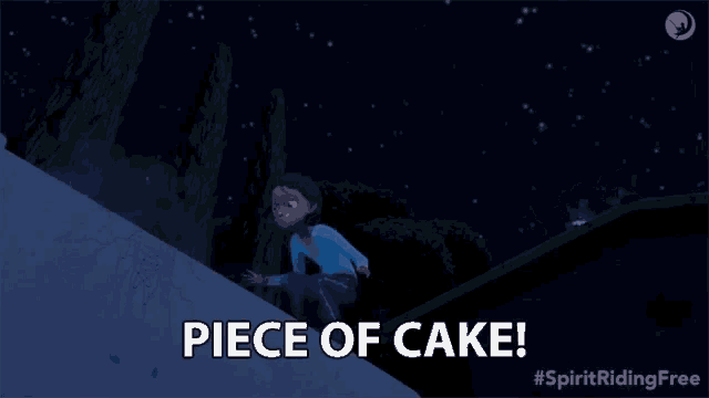 a cartoon character says piece of cake while running