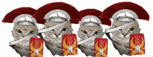 a row of cats wearing helmets and shields