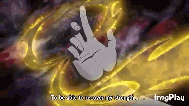 a hand is making a peace sign and says `` to be able to recover my strength . ''