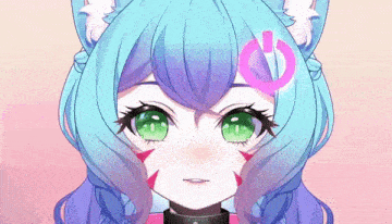 a close up of a anime girl with blue hair and green eyes