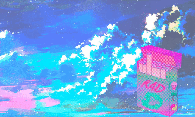 a pixel art of a cloudy sky and a box of cigarettes with the letters md on it