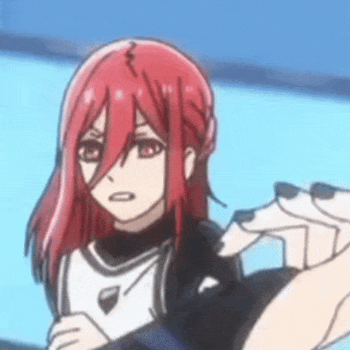 a close up of a red haired anime girl with a hand reaching out towards her .