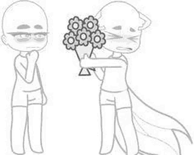 a boy is holding a bouquet of flowers next to a girl who is crying .