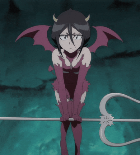 a girl in a demon costume is holding a trident
