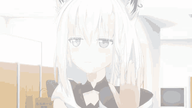 a girl with white hair and green eyes stands in front of a box that says 65