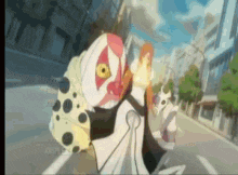 a cartoon character is walking down a street wearing a mask and a backpack .
