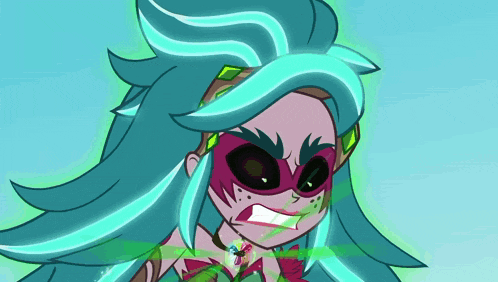 a cartoon character with green hair and a mask on her face