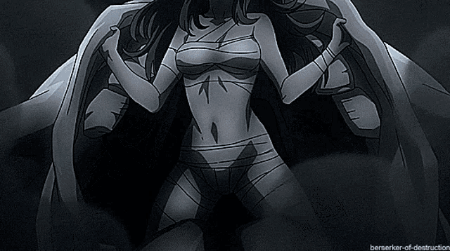 a black and white drawing of a woman with bandages on her body and the words berserker-of-destruction below her