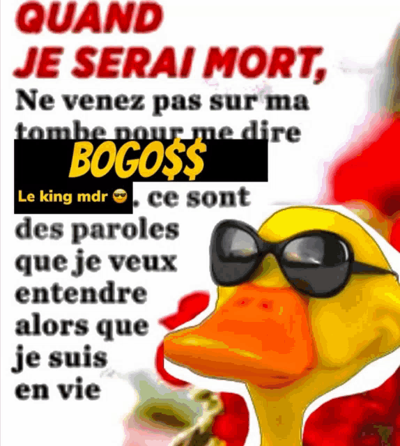 a picture of a duck wearing sunglasses with a caption in french