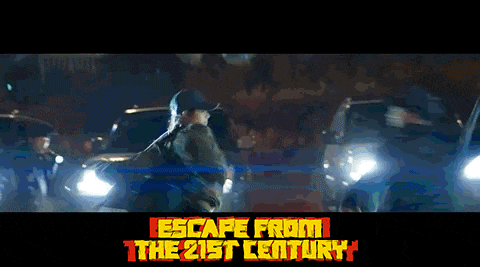 a poster for escape from the 21st century shows a man holding a rifle