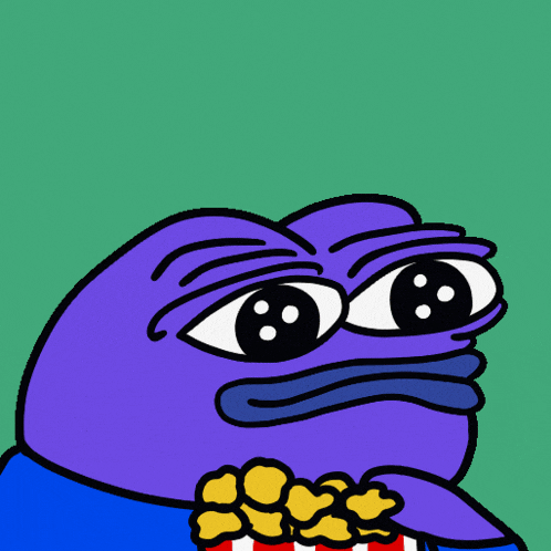 a cartoon of a purple frog eating popcorn on a green background