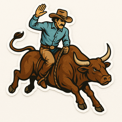 a man in a cowboy hat is riding a brown bull
