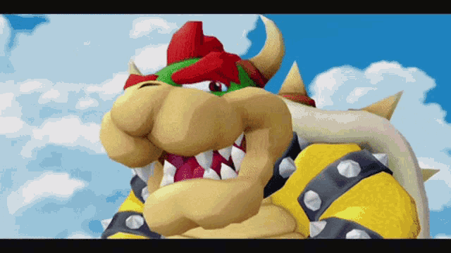 a close up of a cartoon character 's face with a blue sky and clouds in the background