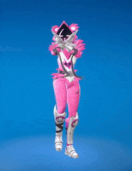 a woman in a pink costume with a mask on her head is standing on a blue background .