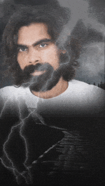 a man with a beard and long hair looks at the camera with lightning behind him
