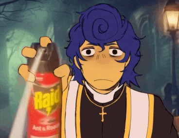 a cartoon priest is holding a raid ant and roach spray