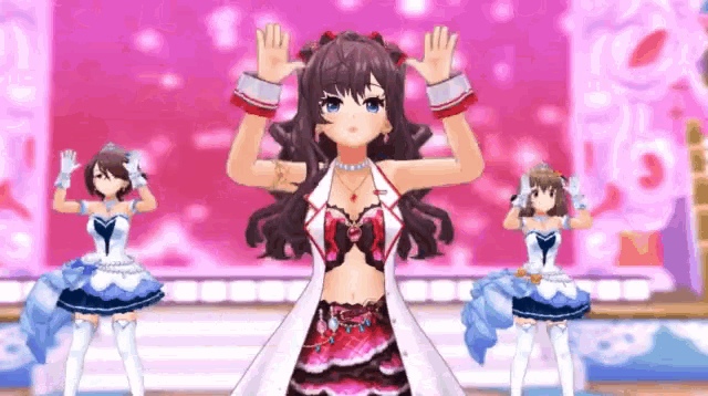 three anime girls are dancing on a stage in front of a pink wall