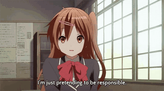 a girl in a school uniform is pretending to be responsible