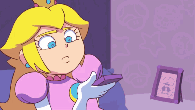 a cartoon of princess peach holding a remote control in front of a picture frame