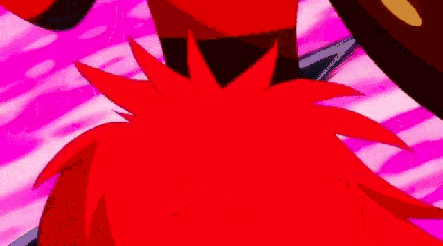 a close up of a cartoon character 's red hair on a pink and pink background .