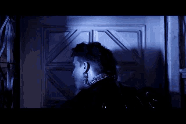 a man in a black leather jacket stands in front of a door