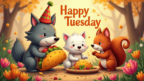 a happy tuesday greeting card with a wolf a cat and a squirrel