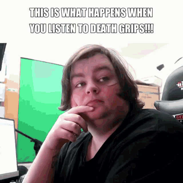 a man making a funny face with the caption " this is what happens when you listen to death grips !!! "
