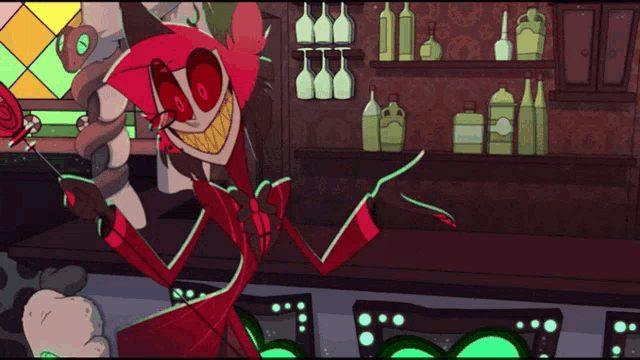 a cartoon character with red hair and glasses is standing in a bar