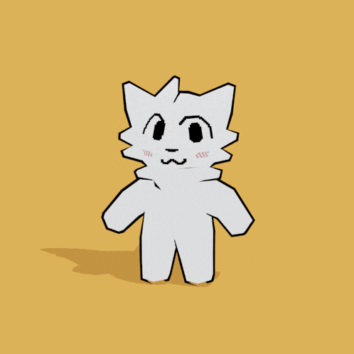 a cartoon drawing of a white furry animal with a red block in the background