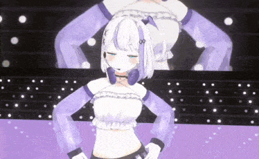 a cartoon girl with white hair and purple sleeves is standing on a stage