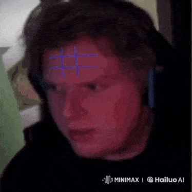 a man wearing headphones has a cross on his forehead in blue lines