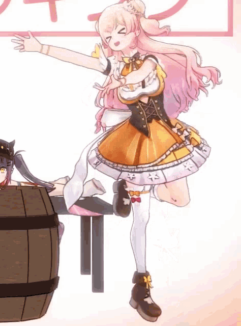 a girl in a yellow dress is standing on one leg