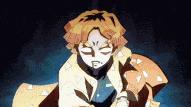 a close up of a demon slayer character with his eyes closed and a yellow jacket .