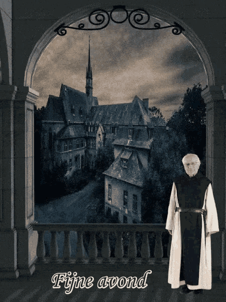 a man in a robe is standing on a balcony with the words fijne avond written above him