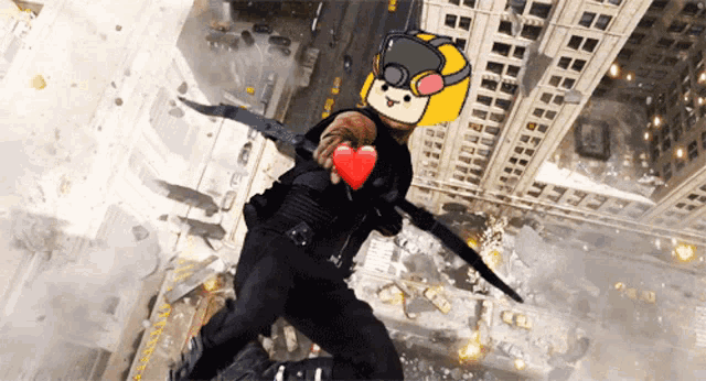 a cartoon character is holding a heart in his hand while flying through the air