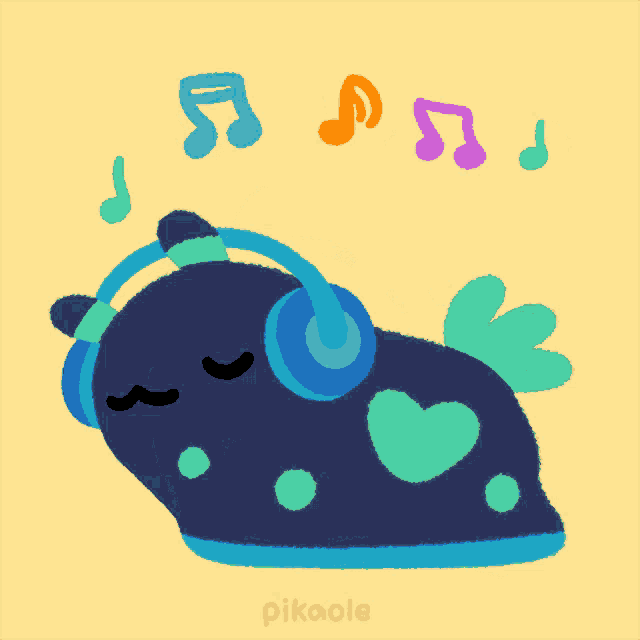 a cartoon drawing of a frog wearing headphones and music notes