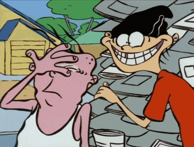 two cartoon characters are standing next to each other with one covering his eyes