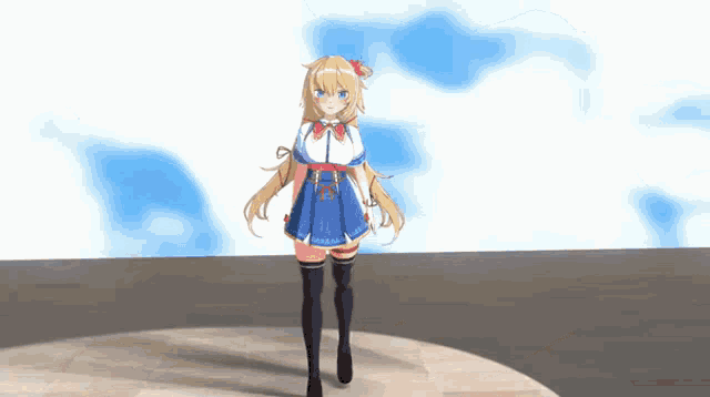 a blonde anime girl in a blue and white dress is walking on a round stage .