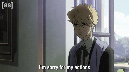 a man in a purple jacket says i 'm sorry for my actions