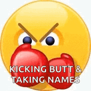 an angry smiley face with boxing gloves on its eyes and mouth .